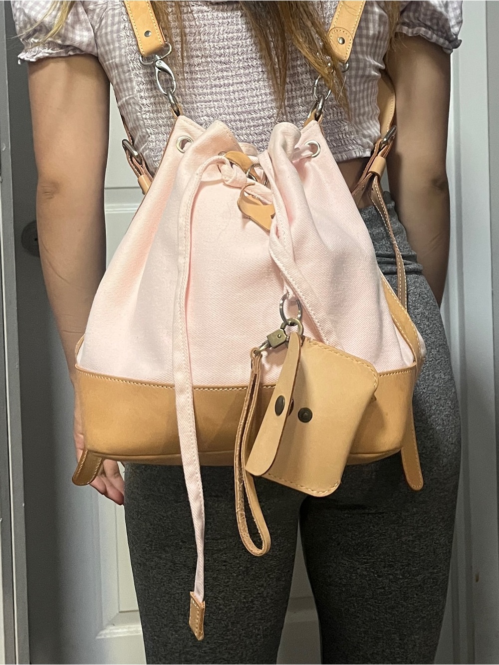 Pink and Tan Canvas Drawstring Backpack Tote